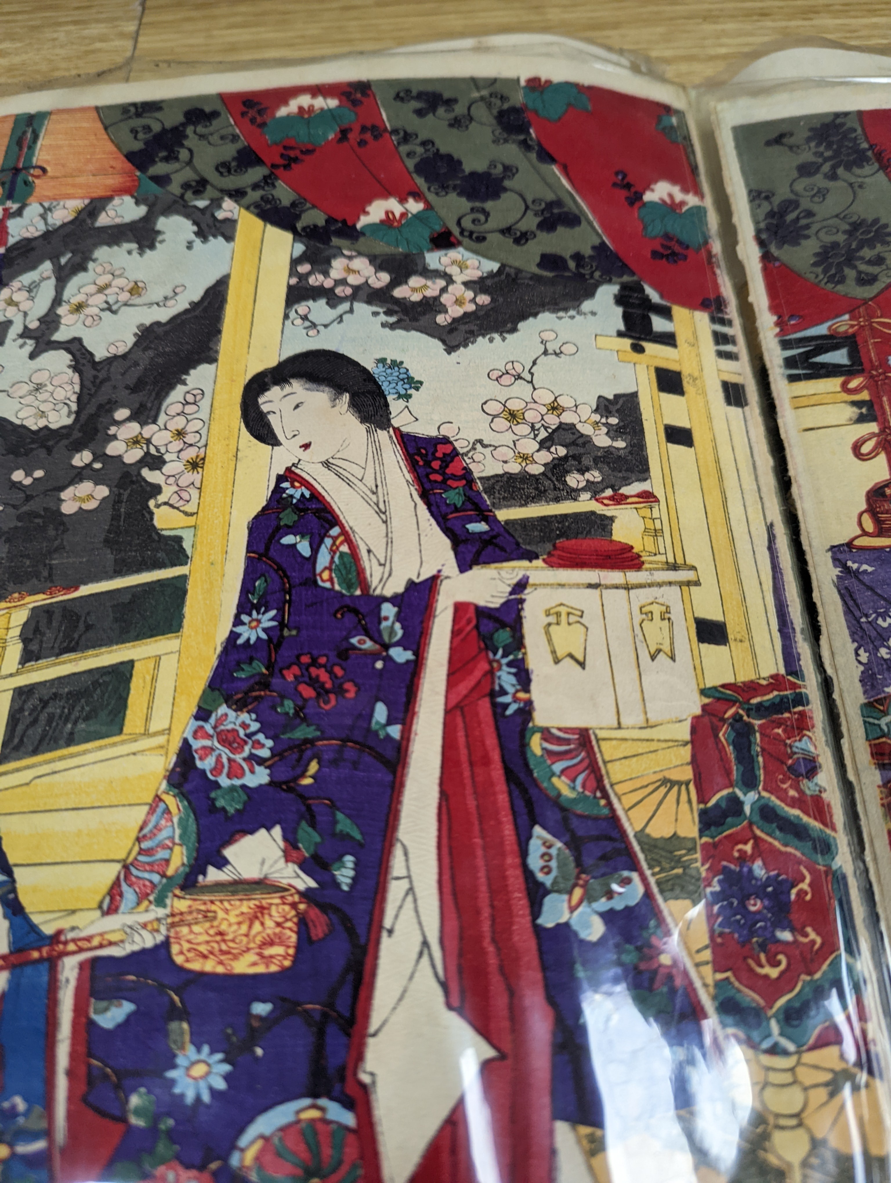 Three Japanese woodblock triptychs by Chikanobu Toyohara and others, Oban format